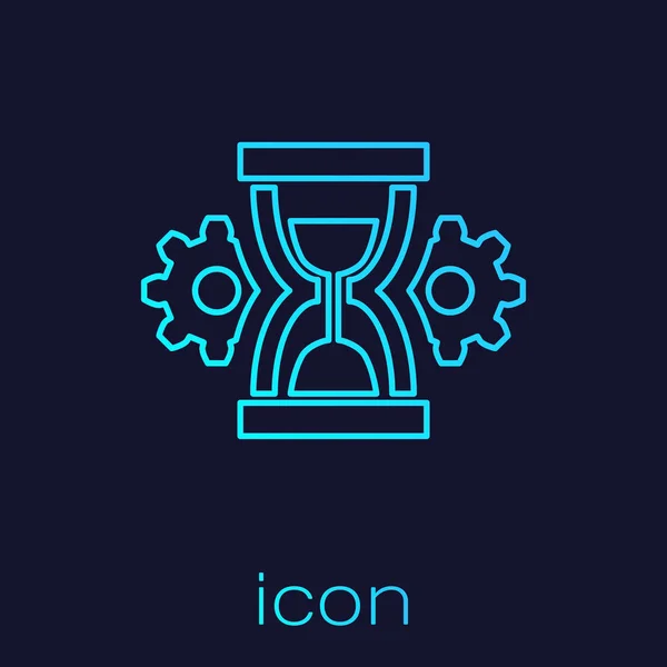 Reloj de arena turquesa y el icono de la línea de engranajes aislados sobre fondo azul. Símbolo de gestión del tiempo. Icono del reloj y el engranaje. Símbolo de productividad. Ilustración vectorial — Vector de stock