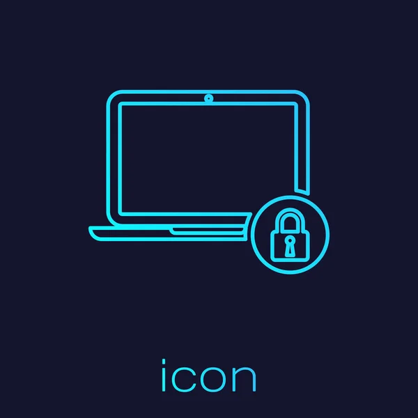 Turquesa Laptop y bloqueo icono de línea aislado sobre fondo azul. Computadora y candado. Seguridad, seguridad, concepto de protección. Interred segura. Ilustración vectorial — Vector de stock