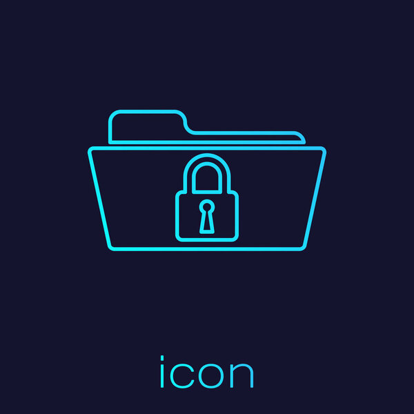 Turquoise Folder and lock line icon isolated on blue background. Closed folder and padlock. Security, safety, protection concept. Vector Illustration