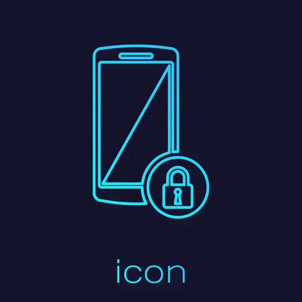 Smartphone turquoise avec icône fermée de ligne de cadenas isolé sur fond bleu. Téléphone avec serrure. Sécurité mobile, sécurité, concept de protection. Illustration vectorielle — Image vectorielle