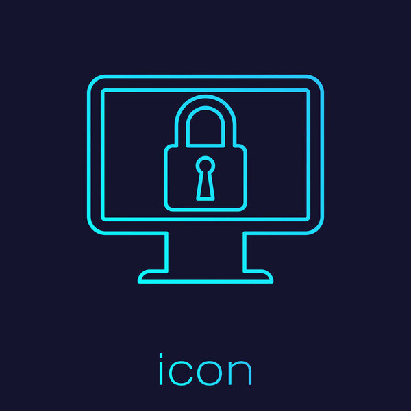 Turquoise Lock on computer monitor screen line icon isolated on blue background. Monitor and padlock. Security, safety, protection concept. Safe internetwork. Vector Illustration