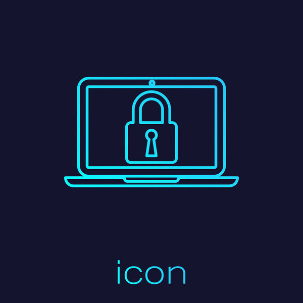 Turquoise Laptop and lock line icon isolated on blue background. Computer and padlock. Security, safety, protection concept. Safe internetwork. Vector Illustration