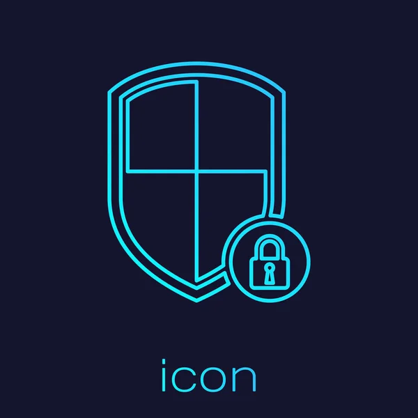 Turquoise Shield security with lock line icon isolated on blue background. Protection, safety, password security. Firewall access privacy sign. Vector Illustration — Wektor stockowy