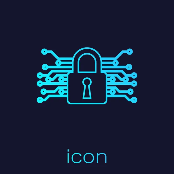 Turquoise Cyber security line icon isolated on blue background. Closed padlock on digital circuit board. Safety concept. Digital data protection. Vector Illustration — Stock Vector