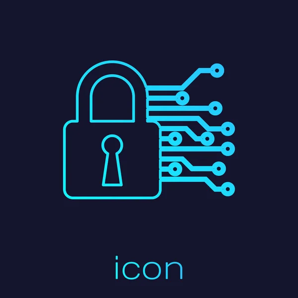 Turquoise Cyber security line icon isolated on blue background. Closed padlock on digital circuit board. Safety concept. Digital data protection. Vector Illustration — Stock Vector