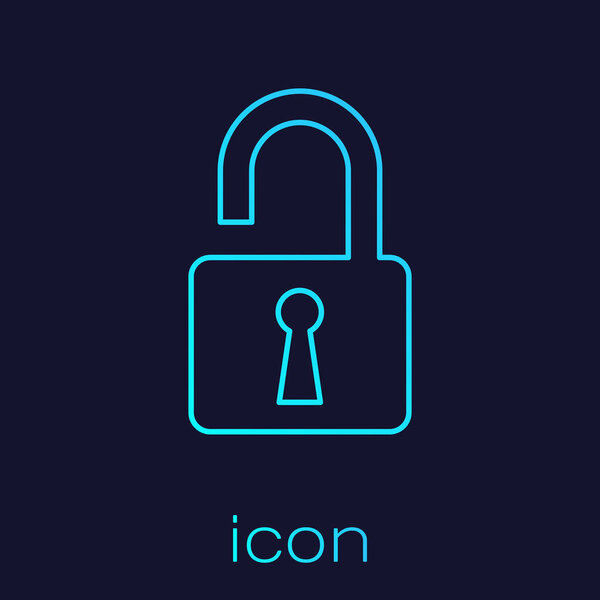 Turquoise Open padlock line icon isolated on blue background. Opened lock sign. Cyber security concept. Digital data protection. Safety safety. Vector Illustration