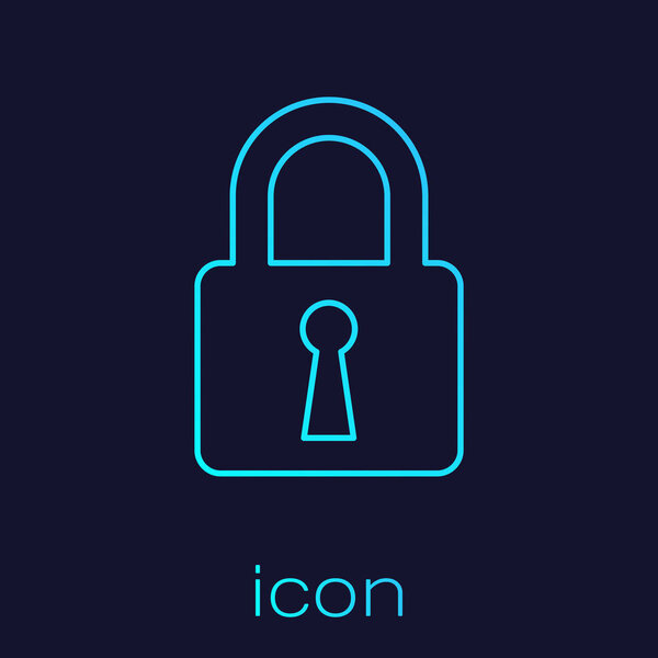 Turquoise Lock line icon isolated on blue background. Closed padlock sign. Cyber security concept. Digital data protection. Safety safety. Vector Illustration