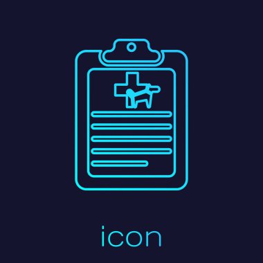 Mavi arka plan üzerinde izole tıbbi klinik kayıt pet line simgesi ile Turkuaz Pano. Sağlık sigortası formu. Tıbbi kontrol işaretleri raporu. Vektör İllüstrasyonu