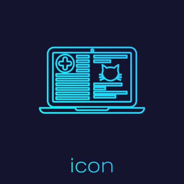 Mavi arka plan üzerinde izole dizüstü çizgi simgesi turkuaz Tıbbi klinik kayıt kedi. Sağlık sigortası formu. Reçete, tıbbi kontrol izleri raporu. Vektör İllüstrasyonu