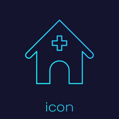 Turkuaz Veteriner tıp hastanesi, klinik veya hayvanlar için evcil hayvan dükkanı çizgi simgesi mavi arka plan üzerinde izole. Veteriner veya veteriner kliniği. Vektör İllüstrasyonu