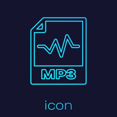 Turkuaz Mp3 dosya belge simgesi. Mavi arka planda yalıtılmış mp3 düğme çizgisi simgesini indirin. Mp3 müzik formatı işareti. Mp3 dosya sembolü. Vektör İllüstrasyonu