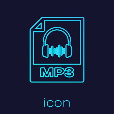 Turkuaz Mp3 dosya belge simgesi. Mavi arka planda yalıtılmış mp3 düğme çizgisi simgesini indirin. Mp3 müzik formatı işareti. Mp3 dosya sembolü. Vektör İllüstrasyonu