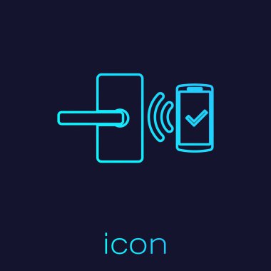 Mavi arka planda izole edilmiş hat simgesinin kilidini açmak için kablosuz teknolojiye sahip Turkuaz Dijital kapı kilidi. Kapı kolu işareti. Kavramın güvenlik akıllı ev. Vektör İllüstrasyonu