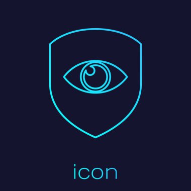 Turquoise Shield and eye line icon isolated on blue background. Security, safety, protection, privacy concept. Vector Illustration