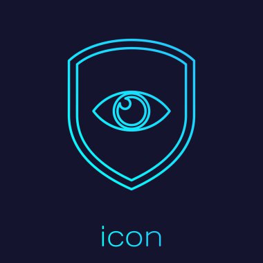 Turquoise Shield and eye line icon isolated on blue background. Security, safety, protection, privacy concept. Vector Illustration