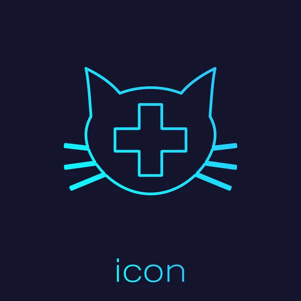 Turquoise Veterinary clinic symbol line icon isolated on blue background. Cross with cat veterinary care. Pet First Aid sign. Vector Illustration — Stock Vector