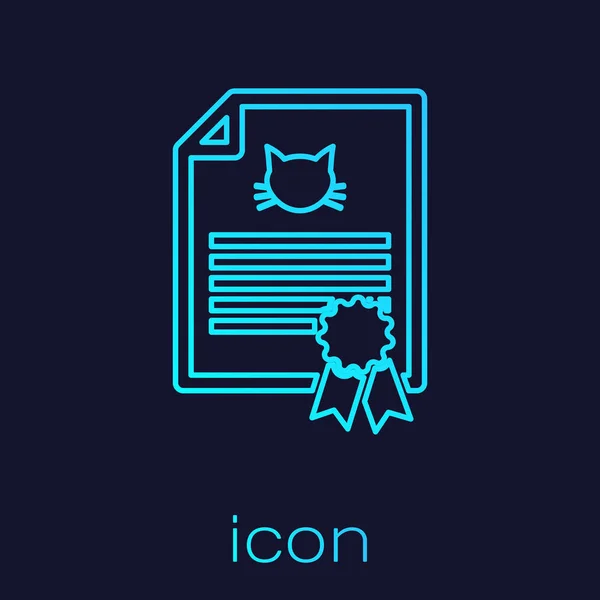 Turquoise medisch certificaat voor reizen met hond of kat lijn icoon geïsoleerd op blauwe achtergrond. Document voor Pet. Hond of kat Paw Print. Vector illustratie — Stockvector