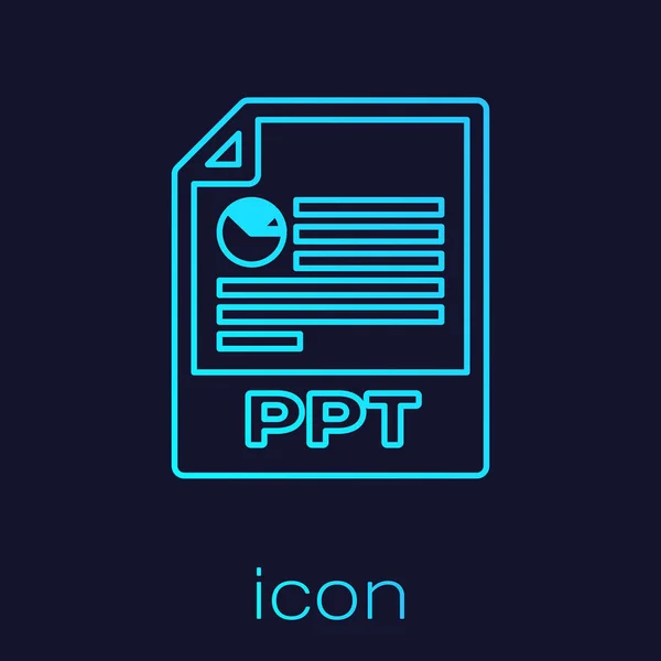 Türkiz PPT fájl dokumentum ikonja. Letölt PPT gomb vonal ikon elszigetelt-ra kék háttér. Ppt reszelő bemutatás. Vektoros illusztráció — Stock Vector