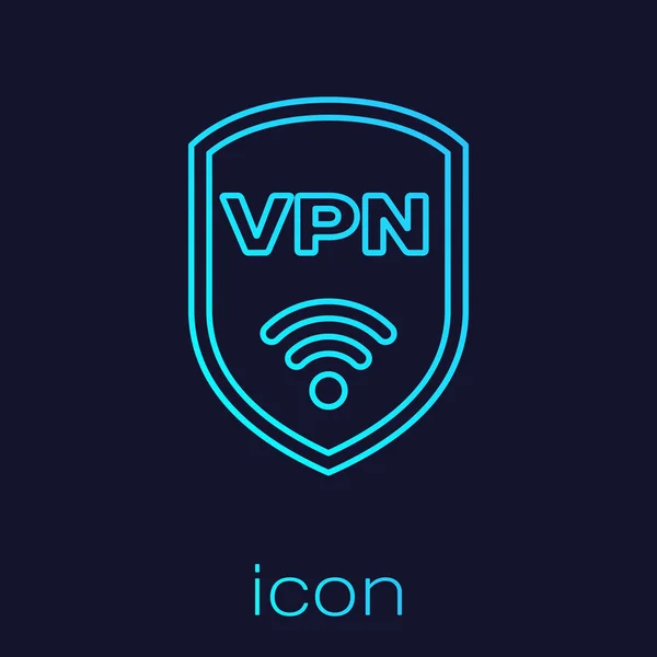 Escudo Turquesa com VPN e wifi ícone de linha de símbolo de rede de internet sem fio isolado no fundo azul. VPN proteger conceito de segurança. Ilustração vetorial — Vetor de Stock