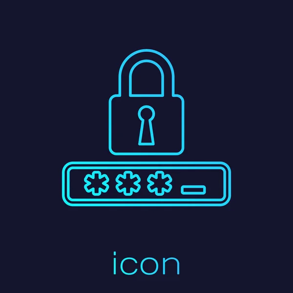 Turchese Protezione con password e icona della linea di accesso di sicurezza isolata su sfondo blu. Icona della serratura. Sicurezza, protezione, protezione, privacy. Illustrazione vettoriale — Vettoriale Stock