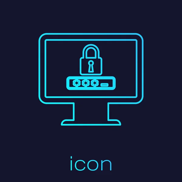 Monitor turchese con notifica password e icona della linea di blocco isolata su sfondo blu. Concetto di sicurezza, accesso personale, autorizzazione utente, modulo di accesso. Illustrazione vettoriale — Vettoriale Stock