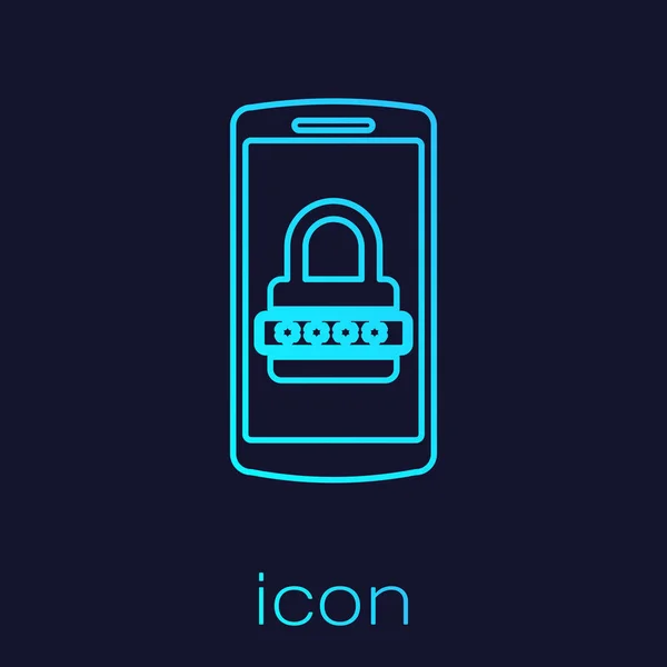 Бірюзова мобільний телефон і захист паролем лінія ікона ізольований на синьому фоні. Безпека, безпека, особистий доступ, авторизація користувача, конфіденційність. Векторна ілюстрація — стоковий вектор