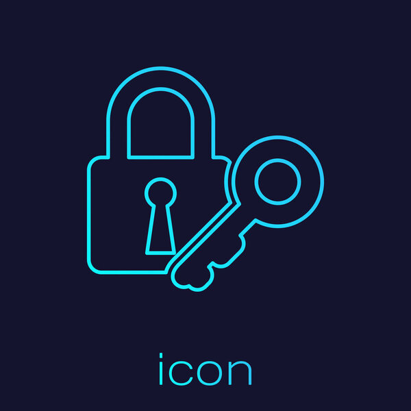 Turquoise Lock and key line icon isolated on blue background. Padlock sign. Security, safety, protection, privacy concept. Vector Illustration