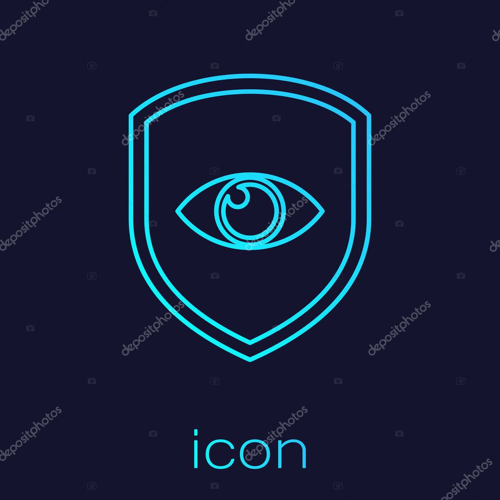 Turquoise Shield and eye line icon isolated on blue background. Security, safety, protection, privacy concept. Vector Illustration
