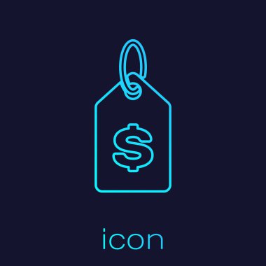 Mavi arka planda izole dolar satır simgesi ile Turkuaz Fiyat etiketi. Fiyat için rozet. Dolar sembolü ile satış. Promosyon etiket indirimi. Vektör İllüstrasyonu