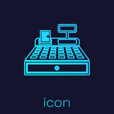 Mavi arka plan üzerinde izole edilmiş bir çek satırı simgesi ile Turkuaz Yazar kasa makinesi. Kasiyer işareti. Cashbox sembolü. Vektör İllüstrasyonu