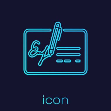 Mavi arka planda yalıtılmış Turkuaz İmzalı belge satırı simgesi. Kalem imza ile bir sözleşme imzalıyor. Belge işaretini edin. Vektör İllüstrasyonu