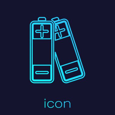 Mavi arka planda yalıtılmış Turkuaz Pil çizgi simgesi. Yıldırım sembolü. Vektör İllüstrasyonu