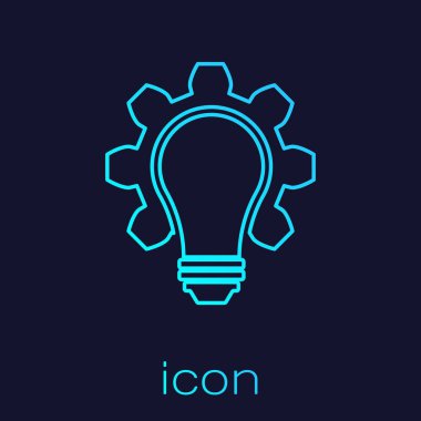 Turkuaz Ampul ve dişli hattı simgesi mavi arka plan üzerinde izole. İnovasyon kavramı. İş fikri. Vektör İllüstrasyonu
