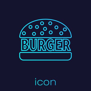 Turkuaz Burger çizgi simgesi mavi arka plan üzerinde izole. Hamburger simgesi. Cheeseburger sandviç işareti. Vektör İllüstrasyonu