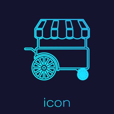 Mavi arka plan üzerinde izole tente hattı simgesi ile Turkuaz Fast sokak gıda sepeti. Şehir köşkü. Vektör İllüstrasyonu