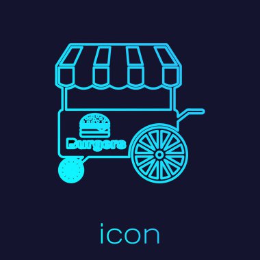 Mavi arka plan üzerinde izole tente hattı simgesi ile Turkuaz Fast sokak gıda sepeti. Burger veya hamburger simgesi. Şehir köşkü. Vektör İllüstrasyonu