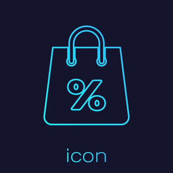 Turquoise Shoping bag with an inscription percent discount line icon isolated on blue background. Handbag sign. Woman bag icon. Female handbag sign. Vector Illustration — Stok Vektör