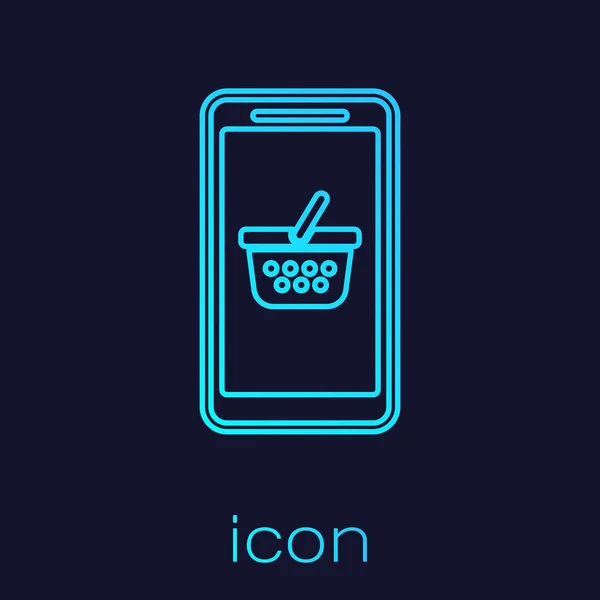 Türkiz mobil telefon és bevásárlókosár sor ikon izolált kék háttér. Online vásárlási szimbólum. Szupermarket kosár szimbóluma. Vektoros illusztráció — Stock Vector
