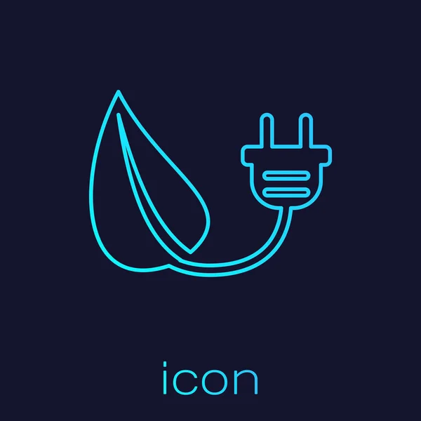 Turquoise elektrische besparing plug in Leaf line icoon geïsoleerd op blauwe achtergrond. Spaar energie elektriciteit icoon. Pictogram voor milieubescherming. Bio-energie. Vector illustratie — Stockvector