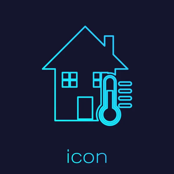 Icono de línea de temperatura de Turquoise House aislado sobre fondo azul. Icono del termómetro. Ilustración vectorial — Vector de stock