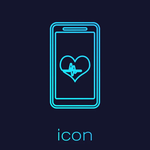 Turquoise Smartphone with heart rate monitor function line icon isolated on blue background. Vector Illustration — Stock Vector