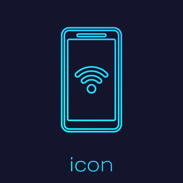 Smartphone Turchese con connessione wireless wi-fi gratuita icona della linea isolata su sfondo blu. Tecnologia wireless, connessione wi-fi, rete wireless. Illustrazione vettoriale — Vettoriale Stock