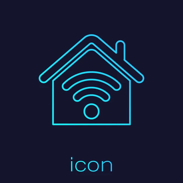 Casa inteligente turquesa com ícone de linha wi-fi isolado no fundo azul. Controlo remoto. Ilustração vetorial — Vetor de Stock