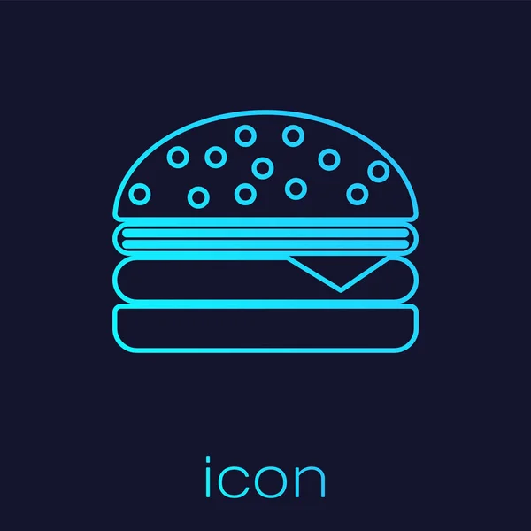 Tyrkysová linka Burger s ikonou na modrém pozadí. Ikona hamburger. Cheeseburger se sendvičovým znakem. Vektorová ilustrace — Stockový vektor
