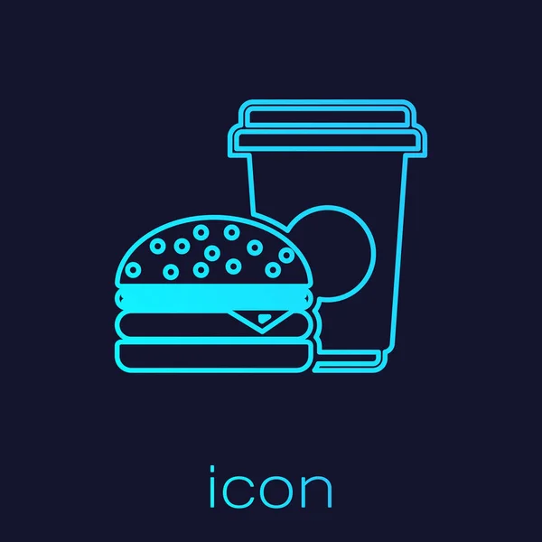 Turkusowa Kawa i Hamburger ikona linii izolowane na niebieskim tle. Symbol Fast food. Ilustracja wektorowa — Wektor stockowy