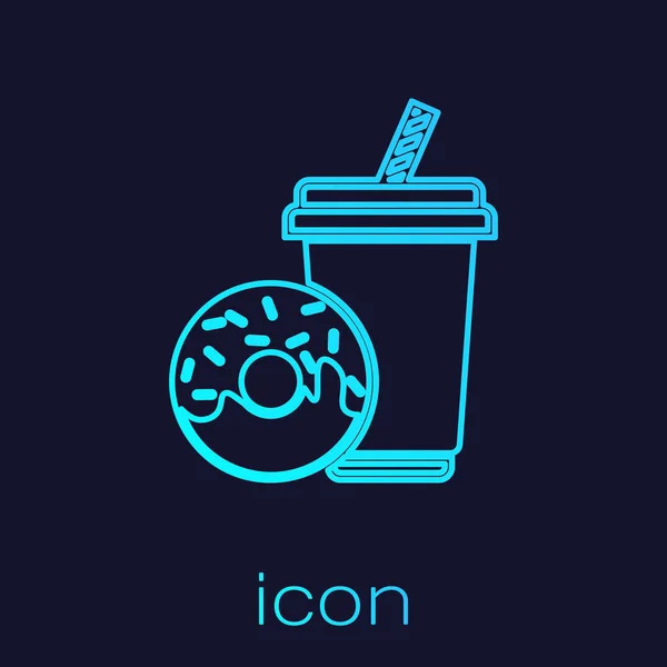 Turkos läsk dryck med dricka halm och donut linje ikonen isolerad på blå bakgrund. Snabb mat symbol. Vektor illustration — Stock vektor