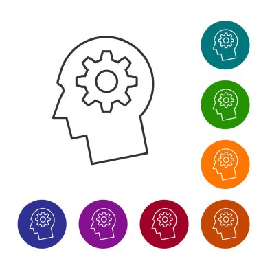 Beyaz arka plan üzerinde izole çizgi simgesi içinde dişli ile Gri İnsan kafası. Yapay zeka. Beyin işaretini düşünmek. Beynin sembol çalışması. Vektör İllüstrasyonu