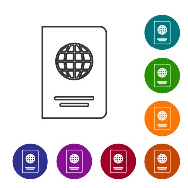 Beyaz arka planda izole edilmiş biyometrik veri çizgisi simgesine sahip Gri Pasaport. Kimlik belgesi. Vektör İllüstrasyonu