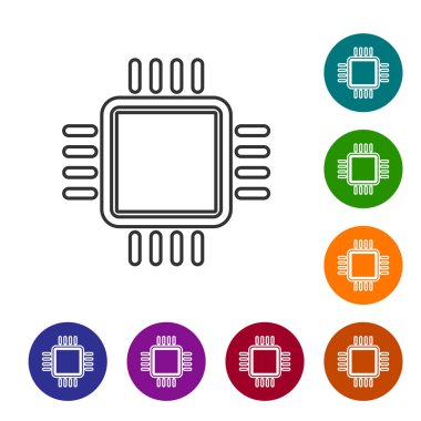 Beyaz arka planda izole mikrodevreler Cpu satır simgesi ile Gri Bilgisayar işlemci. Devre kartı işareti ile chip veya cpu. Mikro işlemci. Vektör İllüstrasyonu