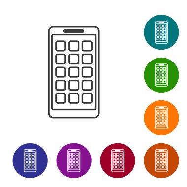 Gri Mobil Uygulamalar çizgi simgesi beyaz arka planda yalıtılmış. Ekran simgeleri, uygulamaları ile akıllı telefon. ekran gösteren cep telefonu. Vektör İllüstrasyonu
